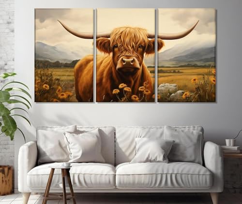 Toile vache rustique fleurie 50x70 cm grande peinture de campagne pour salon