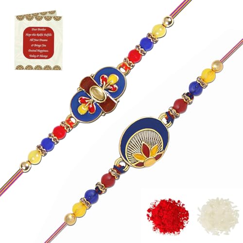 Image of Riddhika Ventures Stylish Kundan and AD Ring Rakhi (Set of 2) with Roli Chawal and Greeting Card || Raksha Bandhan Traditional Festive Gift (B1C1)