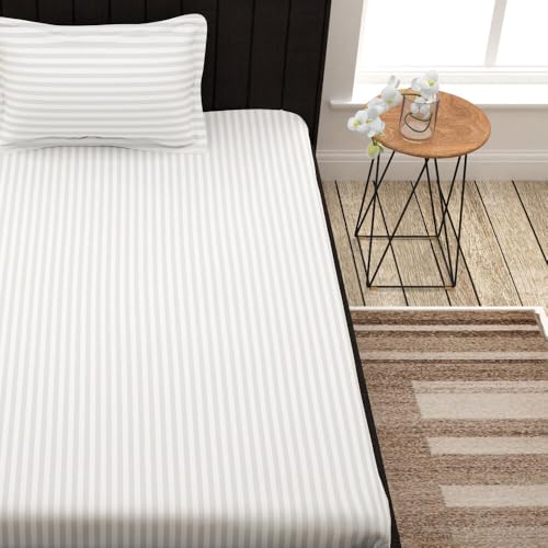 Image of Cotton Plain Stripe Single Bedsheet with One Pillow Cover | White, 60x90 Inches | Suitable for Home and Hotel Use | Soft and Comfortable Fabric