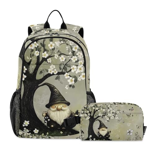 Travel Backpack Lunch Bag Set for Hiking Picnic, Backpacks with Insulated Lunch Box Fairy Gnome Print