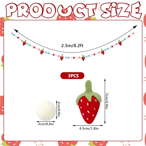 Image of JarThenaAMCS Strawberry Felt Banner 3D Strawberry Pom Ball Garland Colorful No DIY Required Bunting Garland for Birthday Baby Shower Party Supplies Hanging Decoration