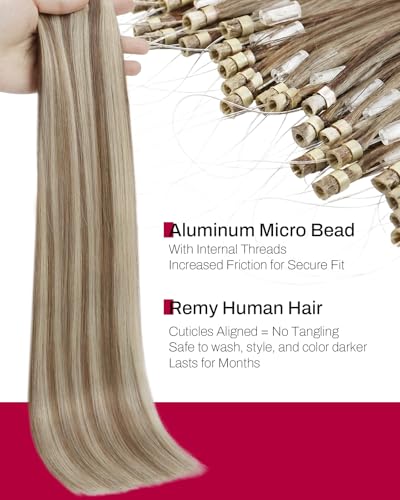 Image of Moresoo Micro Loop Hair Extensions Human Hair, Light Brown Platinum Blonde | 22inch, 50g 50 strands, micro bead compatible, extra length, dimensional blonde blend, photoshoots, fashion styling