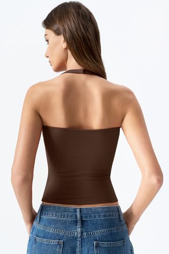 Image of QINSEN Womens Halter Top Double Lined Tank Top Sleeveless Open Back Slim fit Going Out Tops