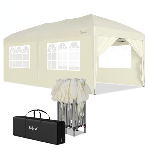 Zelsius Cenador plegable de 3 x 6 m con paredes laterales, color beige | cenador plegable UV30, carpa plegable para jardín con paredes laterales, refugio para jardín, protección solar, cenador de
