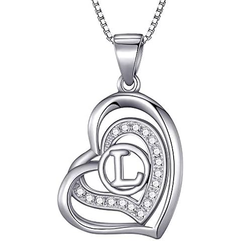 Morella Women's Necklace with Heart Pendant Letter L 925 Sterling Silver Rhodium Plated with Zirconia White in Velvet Bag Cover