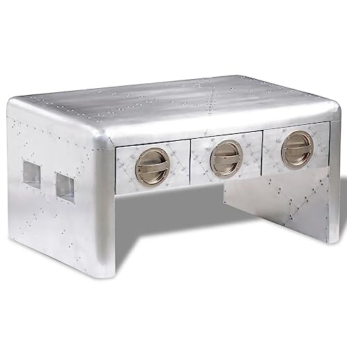 Tonture Table basse vintage, cadre en bois massif, revêtement en aluminium, 80 x 50 x 40 cm, 3 tiroirs, style aviateur, pour salon, meuble rustique