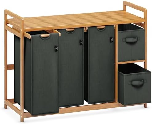 AdelDream Wäschekorb 190L,5 Fächer Wäschesammler mit Ablage, Bambus | Wäschesortierer mit 3 x 50L Säcken, 2 x 20L Boxen, abnehmbar, Dunkelgrau