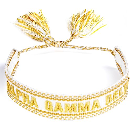 Sorority Shop Alpha Gamma Delta Bracelet — Woven Bracelet, White and Gold Design with AGD Sorority Name and Tassels, Greek Sorority Jewelry and Big Little Sorority Gifts