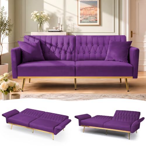 ACMEASE 70” Velvet Futon Sofa Bed w/Adjustable Armrests, Purpel