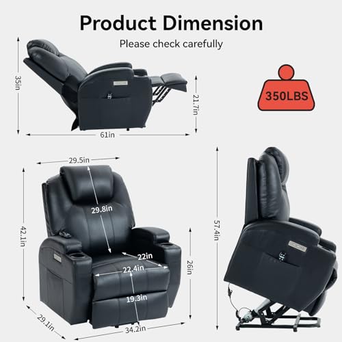 Image of Recliner Lift Chair with Massage and Heating Function,Power Lift Recliner Chair for The Elderly with USB and Type-C Ports,Extended Footrest,2 Cup Holders,PU Leather Black