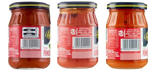 Biffi – Mix Rote Pastasoßen – Tomate-Basilikum 190 g – Arrabbiata (Pomodoro e Peperoncino) 190 g – Tomaten-Oliven-Soße mit Kapern 190 g – Multipack – 3 Gläser 190 g