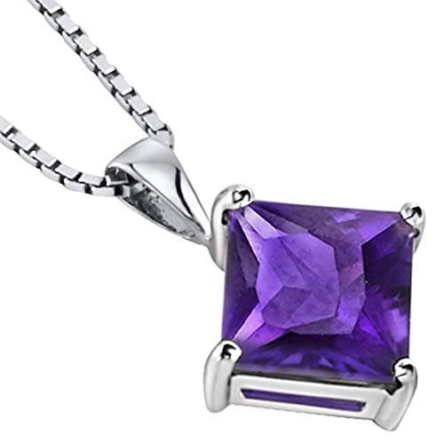 Peora Solid 14K White Gold Amethyst Pendant For Women, Genuine Gemstone Birthstone Solitaire, Princess Cut, 8Mm, Aaa Grade, 2 Carats Total #TOP2