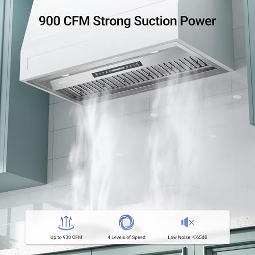 IKTCH 36 inch Built-in/Insert Range Hood 900 CFM, Ducted/Ductless Convertible Duct, Stainless Steel Kitchen Vent Hood with 2 Pcs Adjustable Lights and 3 Pcs Baffle Filters with Handlebar(IKB02-36'')