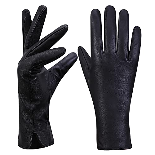 MGGMOKAY Womens Winter Leather Gloves Cashmere Lined Touchscreen,Black,XL