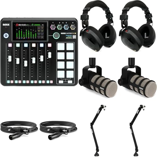 2 Person Podcast Bundle, Rodecaster Pro II and 2 PodMic Cardioid Dynamic Microphones, 2 Pairs of Headphones, 2 10' XLR Cables, 128GB SD Card, 2 Boom Arms, and Dust Cover