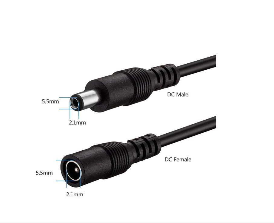 Close-up of DC power connectors with dimensions.