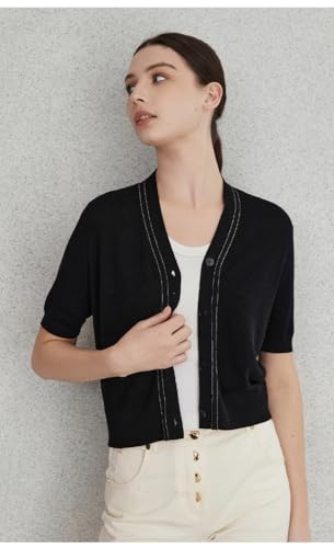 Short Sleeve V-Neck Cardigan, Button Front, 23BC-245 (US, Alpha, Medium, Regular, Regular, Black)2
