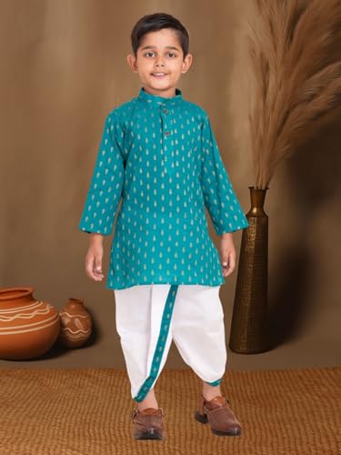 Image of Boys Dhoti Kurta Set for Kids - Cotton Kurta and Elastic Waist Dhoti - Traditional Dress