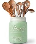 Comfify Wide Mouth Mason Jar Utensil Holder Decorative Kitchenware Organizer Crock, Chip Resistant Ceramic - Perfect Cookware Gift - Green, Large Size