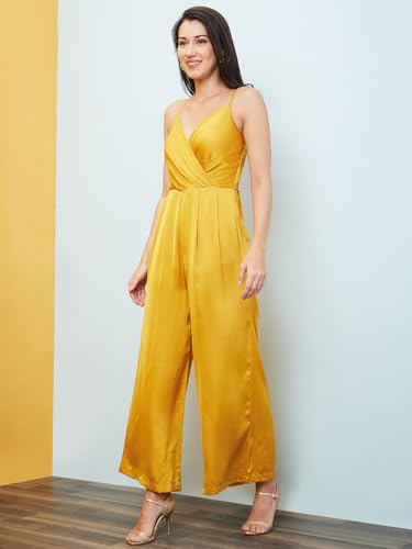 Image of Globus Women Yellow Solid Wrap V-Neck Jumpsuit-3640450001