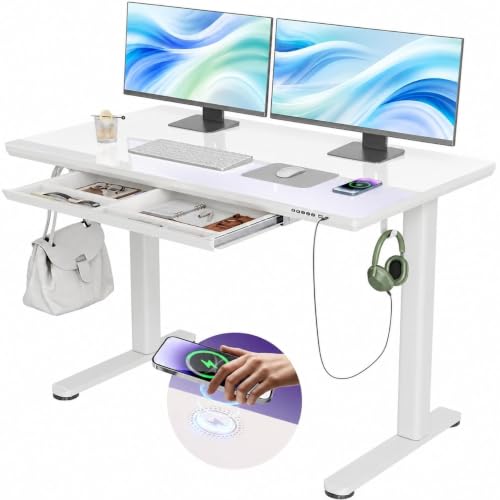 Image of YDN Wireless Charging Glass Standing Desk with Drawer 48 Inches Super White