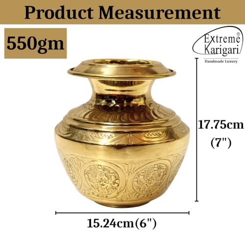 Image of Pure Brass Puja Kalash for Pooja | Traditional Embossed Design | Shiny Brass Inside & Outside | Ideal for Temple, Griha Pravesh & Festivals
