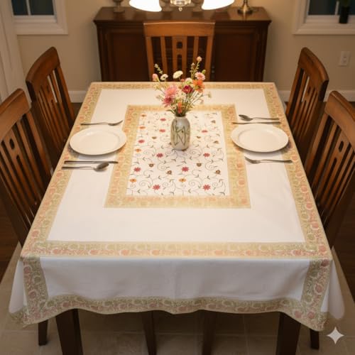Image of New Year Room Decor Embroidery Brocade Silk Table Cover for Centre & Dinning Table and 4 & 6 Seater Dining Table /Tablecloth, (50 By 50 Inches) (White)