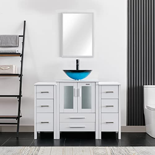 eclife 48´´ Bathroom Vanity Sink Combo W/White Side Cabinet Modern Stand Pedestal Square Turquoise Tempered Glass Vessel Sink, ORB Bathroom Solid Brass Faucet, Pop Up Drain, W/Mirror (48-A10 B02W)