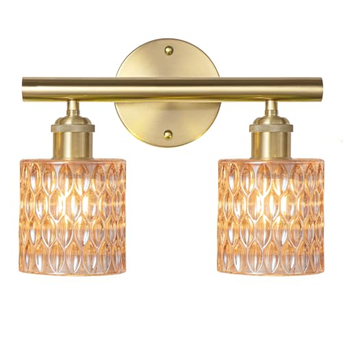 Image of Bathroom Vanity Light, Gold Wall Fixture Over Mirror, Amber Glass Shade Lighting with Bulbs Included for Bedroom & Living Room, 2-Lights
