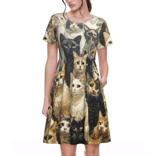 Robe d'été motif chat fluide légère manches courtes col rond femme