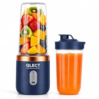 QLECT Portable Blender for Smoothies & Juices | 400ml Personal Juicer Mixer Grinder | 1500mAh USB Rechargeable Battery | 2 Jars | Stainless Steel Blades | ISI Certified | Made in India(Blue)