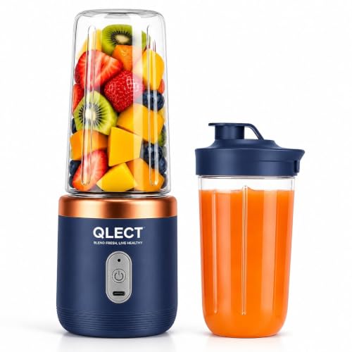 Image of QLECT Portable Blender for Smoothies & Juices | 400ml Personal Juicer Mixer Grinder | 1500mAh USB Rechargeable Battery | 2 Jars | Stainless Steel Blades | ISI Certified | Made in India(Blue)