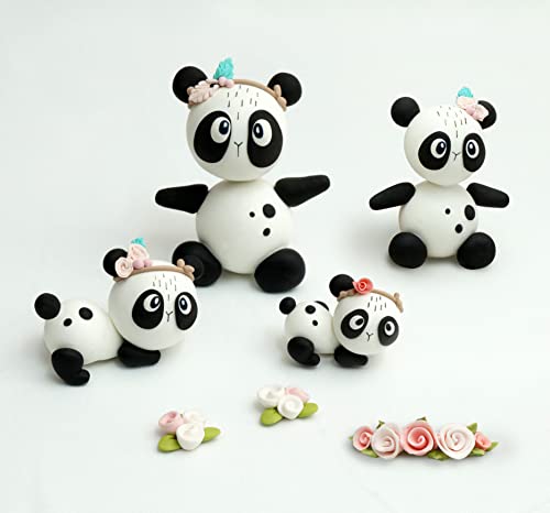 Fun Market Panda Cake Topper Set - Panda Figurines Whit Flowers Cake Decorations - Handmade Clay Cake Topper Panda For Birthday Baby Shower Special Events - 7 - Piece Panda Decor For Cake #TOP1