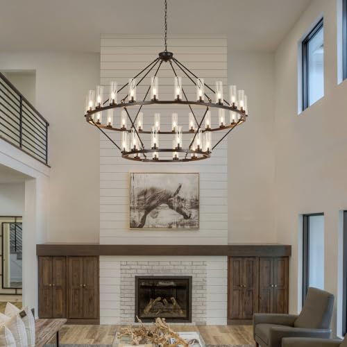 Image of 63 Inch Large Black Wagon Wheel Chandelier with Clear Glass Shade 2 Tier 36-Lights Round Pendant Light Farmhouse Industrial Chandeliers Dining Room Light Fixture for Stair Living Room Foyer