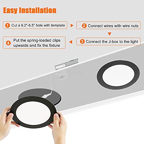 Lediary 16 Pack 5Cct Led Black Recessed Lighting 6 Inch, 2700K-5000K Selectable Canless Recessed Lights, 1100Lm High Brightness, 12W Eqv 110W, Dimmable Can Lights With Junction Box - Ic Rated, Etl #TOP4