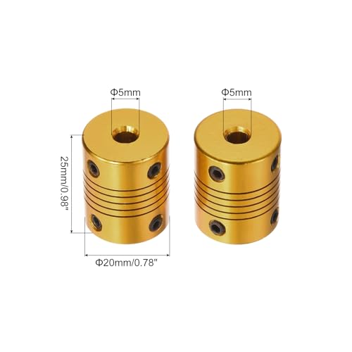 QUARKZMAN 1 Stück Flexible Kupplungen 5mm bis 5mm Aluminium Wellenkupplung L25xD20mm Klauenkupplung Gelenkverbinder für DIY Encoder Motoren 3D Drucker Schrittmotor Golden