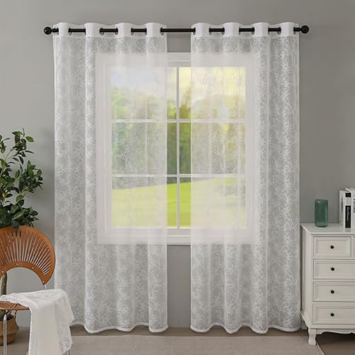 Homxi Cortina Habitacion Semitranslucida 2 Piezas,2 x 130W x 245H CM,Cortinas Dormitorio Patrón de Rama Blanco Cortinas de Salon con Ojales