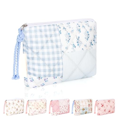 Playexen Quilted Mini Makeup Bag for Purse, Cute Floral Coin Purse, Blue