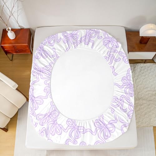 Image of Castle Fairy Cute Bow Bed Sheet Set for Kids,Purple Coquette Bowtie Sheets Set,Watercolor Ribbon Bowknot Preppy Style Home Decor Sheet Sets with Deep Pocket,Top Flat Sheet,Twin Size