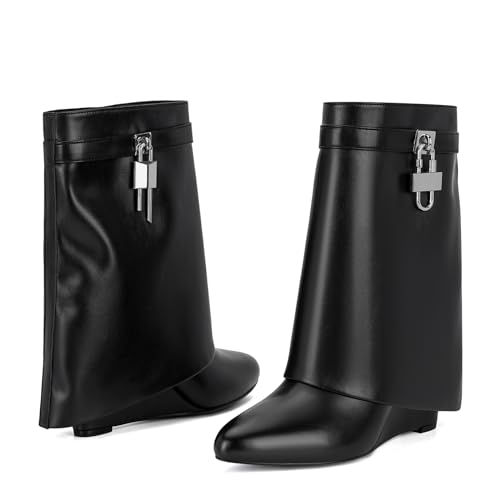 Women Fold Over Wide Mid-calf Boots Platform Wedge Heel Round Toe Faux Leather Pull On Shark Booties with Padlock Short Boots3