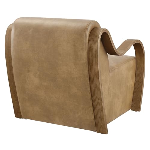 Sillón lounge de cuero vegano tostado con brazos de madera miniatura 7