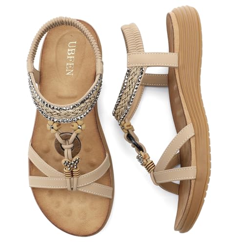 Image of UBFEN Womens Bohemian Flat Sandals With Back Strap Summer Beach Comfortable Bling