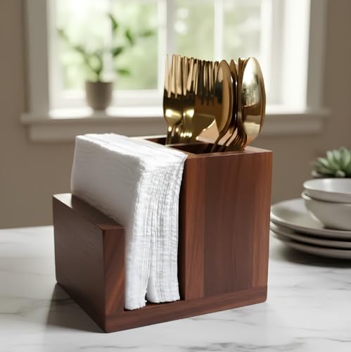 Lista de Servilleteros favoritos de las personas. 44 Servilletero De Madera 3 en 1 Organizador Cubiertos Tenedores De Mesa Minimalista Artesanal Hecho a Mano Elegante Moderno (Nogal Natural Barnizado Solido)