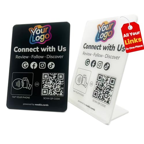 Image of Custom Review Tap Card Stand for Google & Social Media Sign (2 Pack)-Review & Follow Us Sign for Google, Instagram, Facebook, TikTok, Booking & More - NFC Tap & QR Scan to All Links- No App, No Fees