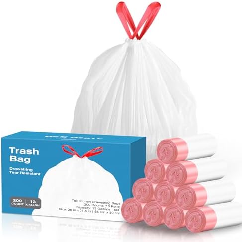 KdbK 13.2 Gallon Tall Kitchen Drawstring Trash Bags, 200 Count Pr...