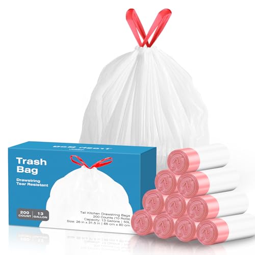 KdbK 13.2 Gallon Tall Kitchen Drawstring Trash Bags 200 Count Pre-separated Garbage Bags Unscented Leak Proof Waste Bag for Kitchen Office Home