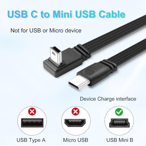 JSADZKJ 0.65Ft 90-Degree USB Type-C to USB Mini 2.0 Flat Cable,USB-C Male to Mini USB Male Data Cord,Supports Data Transfer & Charging for Cameras,Dashcam,MP3 Players - 1