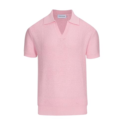 OXKNIT Men's Casual Knitted Polo Shirt V Neck Texture Shirt Short Sleeve Summer Shirt