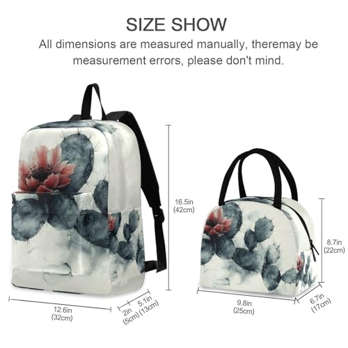 Backpack Lunch Box Set Large Capacity Travel Backpacks and Insulated Lunch Bag for Commute Hiking Picnic Painting Cactus Print2