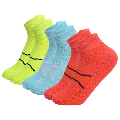 3 Calcetines de Correr Antiampollas para Mujer, de Tobillo, Talla 36-42 cm, en Amarillo, Azul y Naranja, Altura Única